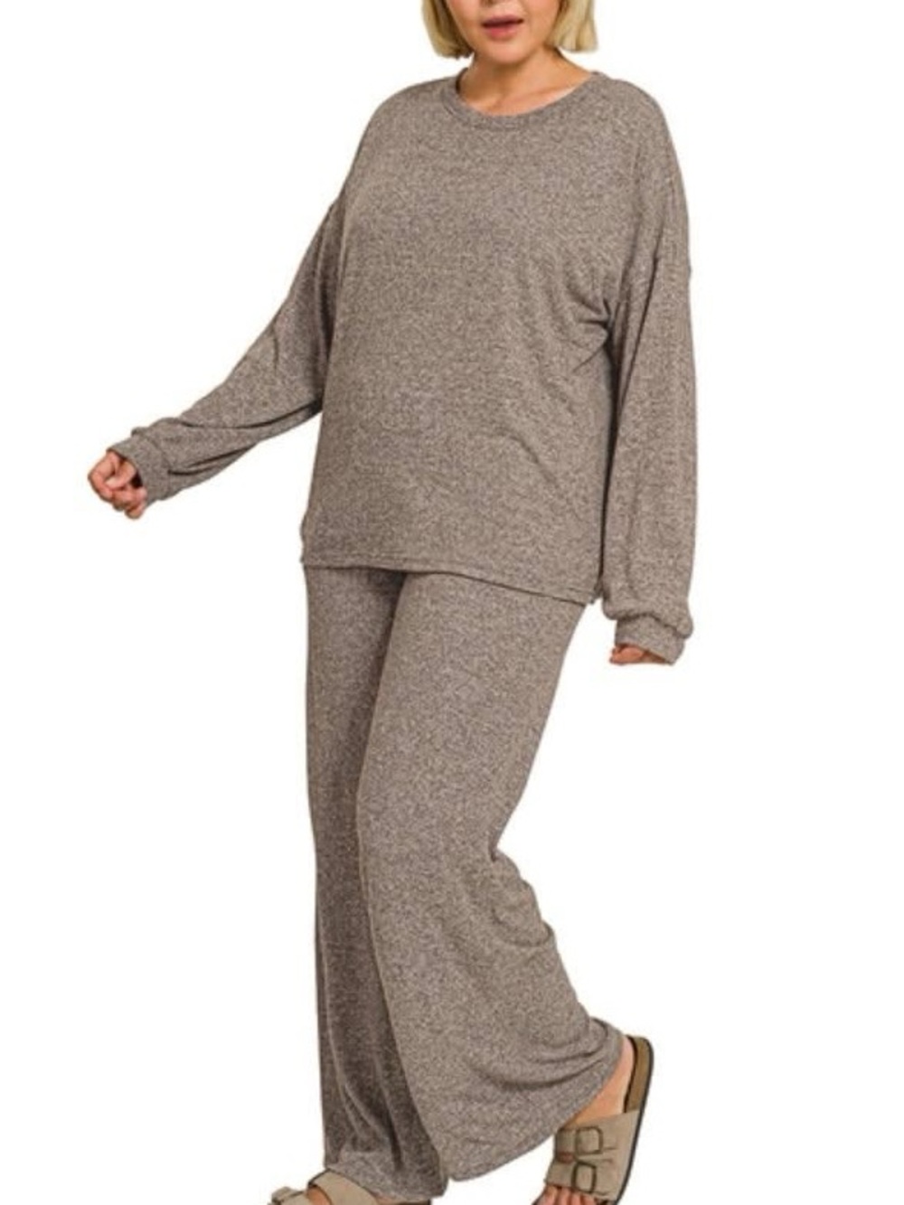 Zenana Outfitters Relaxed Two-Piece Hacci Loungewear Set - Brown